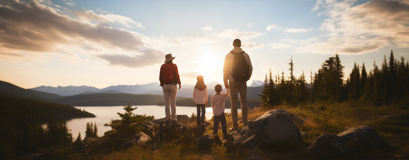 A family of 4 standing on a hill looking down at the a lake in a outdoor setting