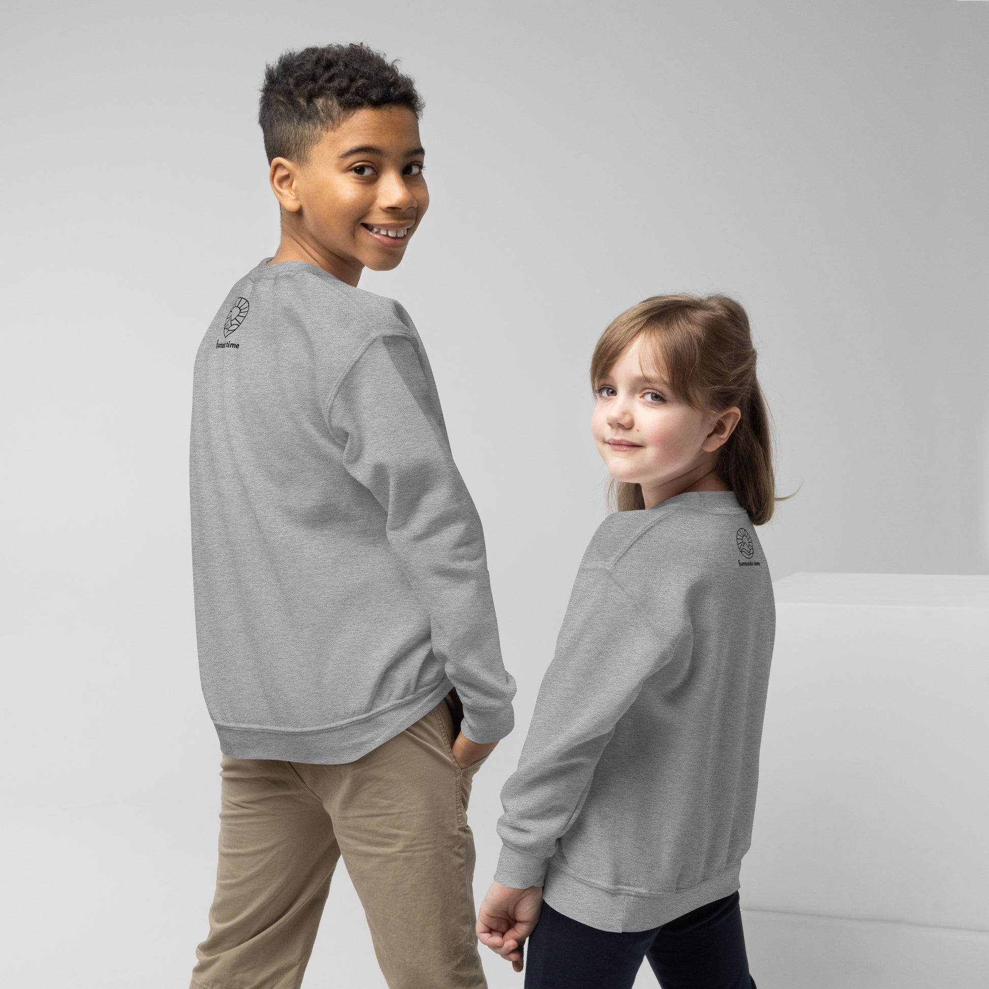 Two models back view of crewneck sweatshirt for kids and youth colored in Sport Grey