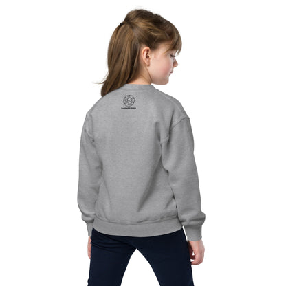 female kid model back view of crewneck sweatshirt for kids and youth colored in Sport Grey