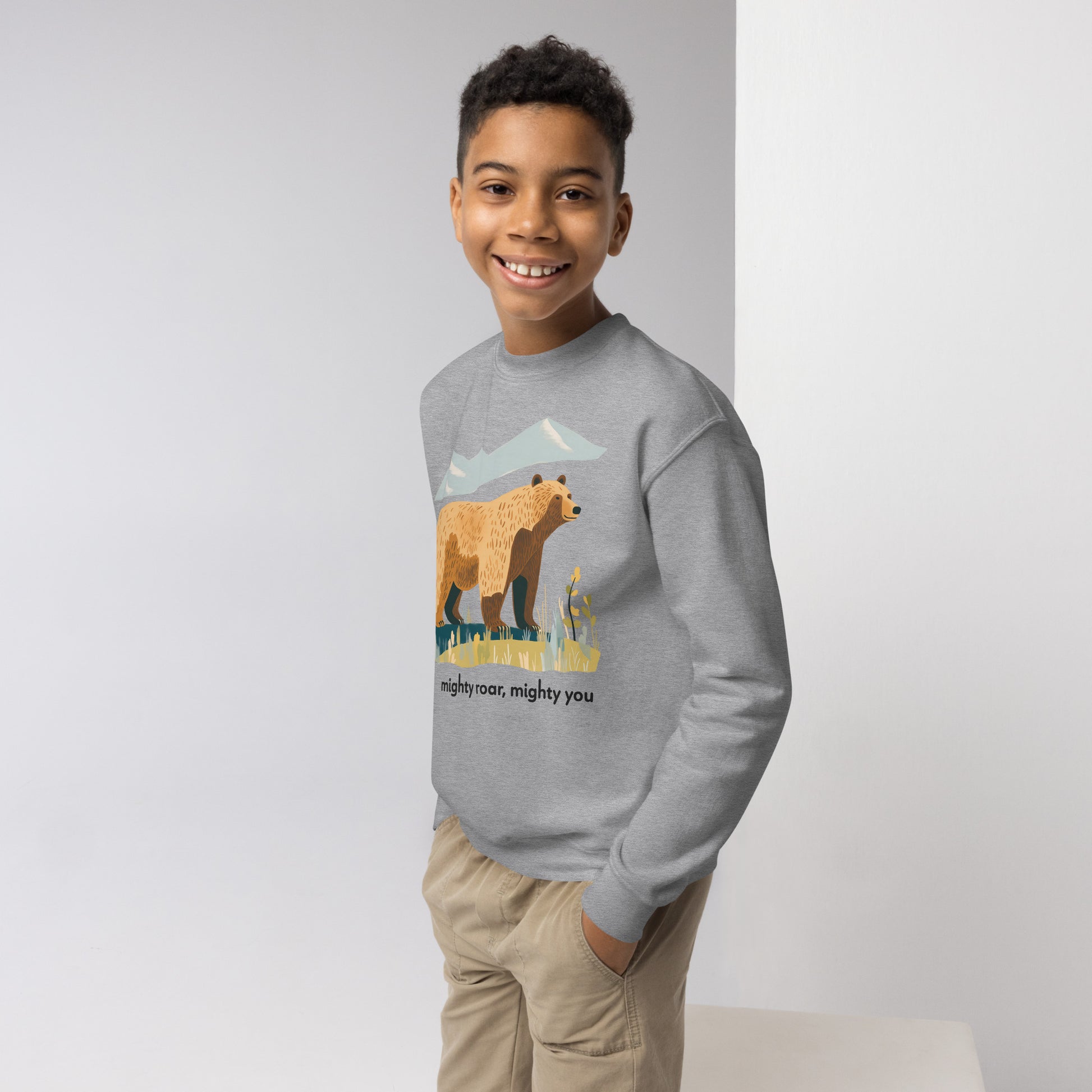 Male youth front view of crewneck sweatshirt for kids and youth colored in Sport Grey